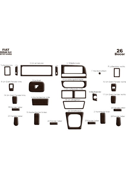 Fiat Doğan Slx Kartal Alüminyum Kaplama 1997-2002 26 Parça Koyu Meşe