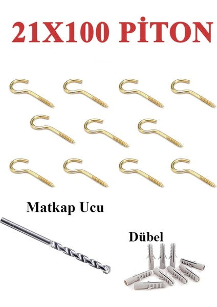 21*100 Piton Açık Kancalı Vida 10 Adet + Elmas Beton Matkap Ucu + Dubel Vida