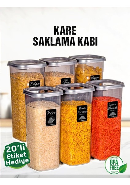 6 Adet 12 Parça 1,7 Litre Jumbo Boy Kare Erzak Saklama Kabı Seti 20 Etiket Hediyeli