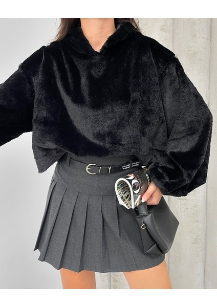 Kadın Crop Boy Yumuşacık Balon Uzun Kol Kapüşonlu Şık Kısa Sweatshirt fırsatları