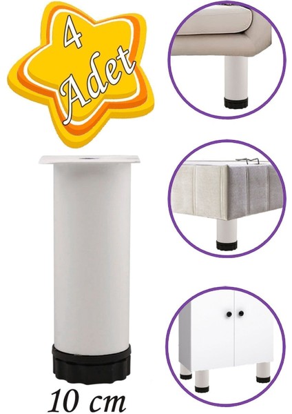 4 Adet Metal Ayarlanabilir 10 cm Beyaz Destek Ayak Mobilya Kanepe Baza Koltuk Dolap Sehpa Ayağı Masa