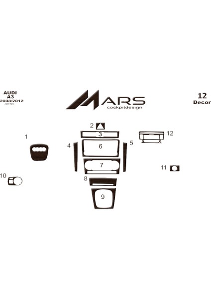 Audi A3 Konsol-Torpido Kaplama 2008-2012 12 Parça Koyu Meşe
