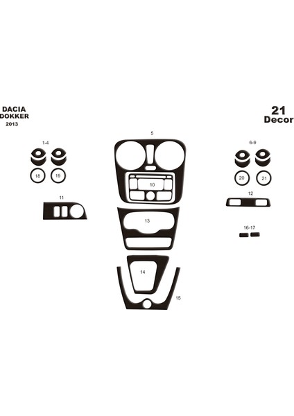 Dacia Dokker Konsol-Torpido Kaplama 2013 21 Parça Koyu Meşe