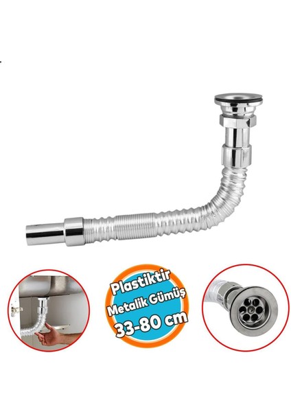 Standart Lavabo Evye Sifonu Uzun Plastik Körüklü Kıvrılabilir 33-80 cm Uzayabilir Krom Renk Lavabo S