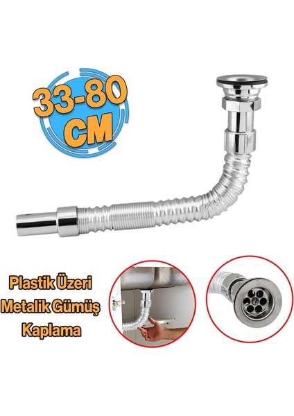 Standart Lavabo Evye Sifonu Uzun Plastik Körüklü Kıvrılabilir 33-80 cm Uzayabilir Krom Renk Lavabo S