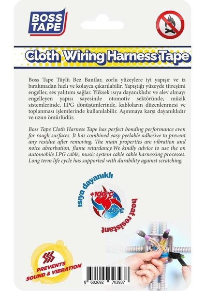 Yanmaz Kumaş Tüylü Bez Kablo Izolasyon Bandı EN:18MM BOY:9,14MT Titreşim Engeller Hızlı Yapıştırıcı modelleri