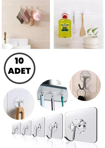 10 Adet Güçlü Yapışkanlı Şeffaf Duvar Askısı Suya Dayanıklı Banyo Mutfak Düzenleyici Pratik Askılık