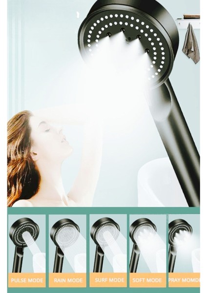 Atlas Teknik Turbo Fan 5 Fonksiyonlu Su Tasarruflu Duş Başlığı Turbo El Duşu Siyah Duş Başlığı Nikel