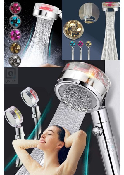 Turbo Duş Başlığı Basınçlı Yağmurlama Stop Düğmeli Asorti Renk Pervaneli Su Tasarruflu Banyo Başlık