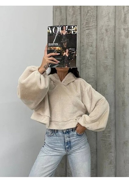 Kadın Crop Boy Yumuşacık Balon Uzun Kol Kapüşonlu Şık Kısa Sweatshirt fiyatları