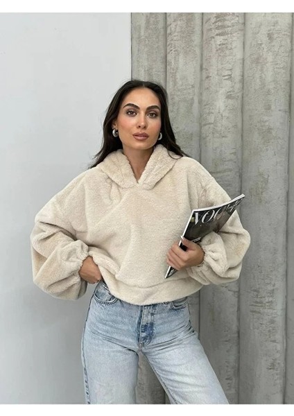 Kadın Crop Boy Yumuşacık Balon Uzun Kol Kapüşonlu Şık Kısa Sweatshirt fırsatları