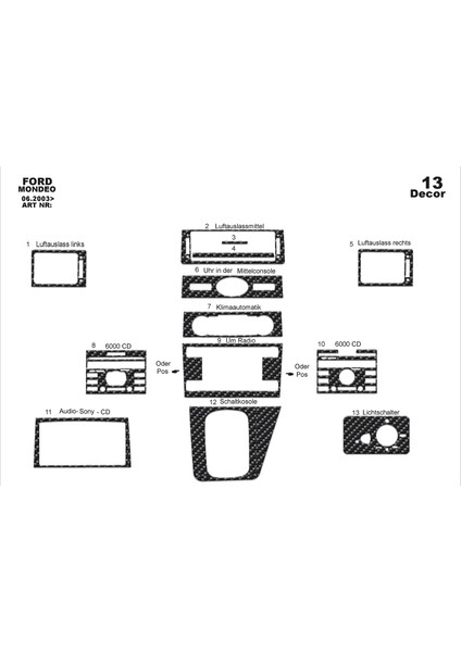 Ford Mondeo Konsol-Torpido Kaplama 2003-2006 13 Parça Karbon