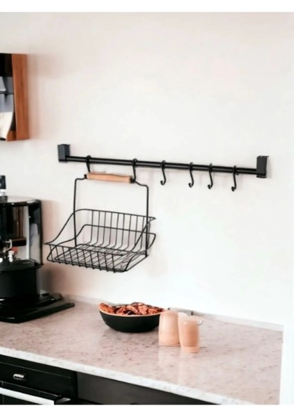 Retro Mutfak ve Banyo Seti 6 Askılı ve Sepetli Retro Sepetli Mutfak ve Banyo Askı Organizeri Siyah T