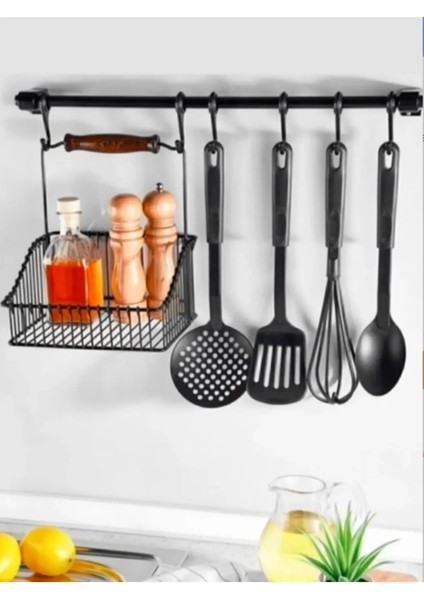 Retro Mutfak ve Banyo Seti 6 Askılı ve Sepetli Retro Sepetli Mutfak ve Banyo Askı Organizeri Siyah T fiyatları