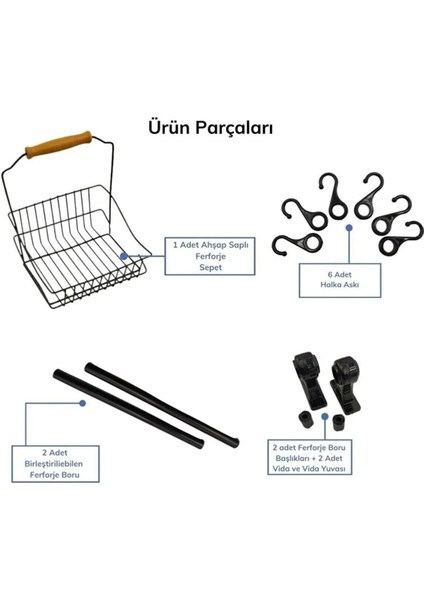 Retro Mutfak ve Banyo Seti 6 Askılı ve Sepetli Retro Sepetli Mutfak ve Banyo Askı Organizeri Siyah T modelleri