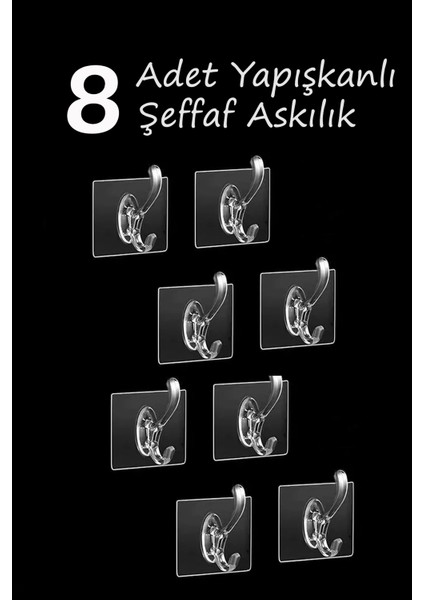 8 Parça Güçlü Yapışkanlı Şeffaf Duvar Askısı Suya Dayanıklı Banyo Mutfak Düzenleyici Pratik Askılık