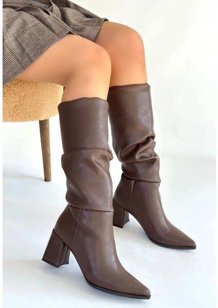 Pitay Kahverengi Cilt Körüklü Topuklu Çizme