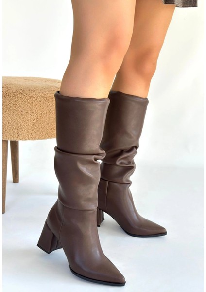 Pitay Kahverengi Cilt Körüklü Topuklu Çizme modelleri