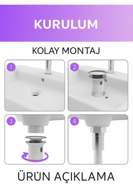 Pop-Up Lavabo Sifonu Taşmalı – Paslanmaz Metal Başlık, Plastik Gövde, Kolay Montaj Lavabo Sifonu Pop fırsatları