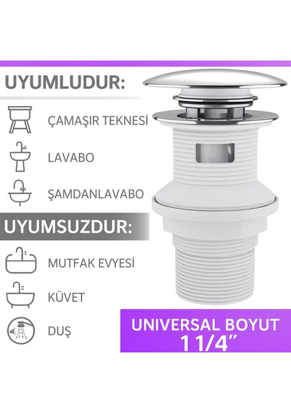 Pop-Up Lavabo Sifonu Taşmalı – Paslanmaz Metal Başlık, Plastik Gövde, Kolay Montaj Lavabo Sifonu Pop