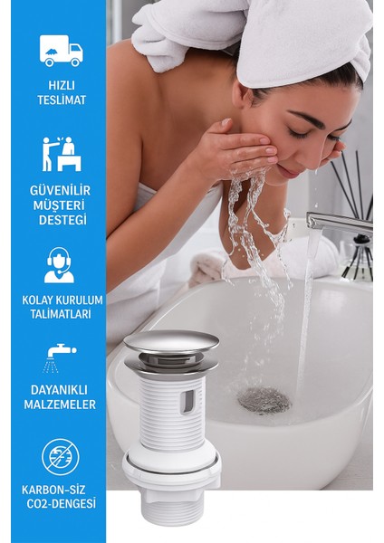 Pop-Up Lavabo Sifonu Taşmalı – Paslanmaz Metal Başlık, Plastik Gövde, Kolay Montaj Lavabo Sifonu Pop