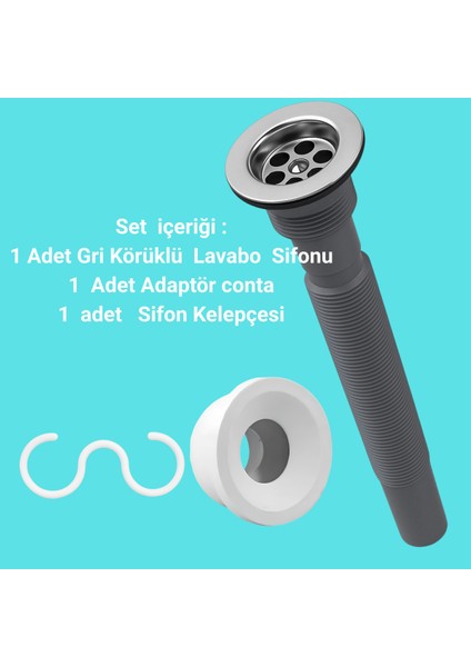 Gri Körüklü Lavabo Sifon Seti | Adaptör Conta + Sifon Kelepçesi Dahil 3’lü Takım Lavabo Sifonu Gri K