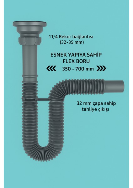 Gri Körüklü Lavabo Sifon Seti | Adaptör Conta + Sifon Kelepçesi Dahil 3’lü Takım Lavabo Sifonu Gri K fiyatları