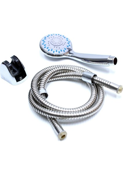 Askılı Komple Duş Seti 5 Fonksiyonlu Spiralli Hortumlu Duvar Askı Aparatlı Set Duş Seti Krom Kaplama