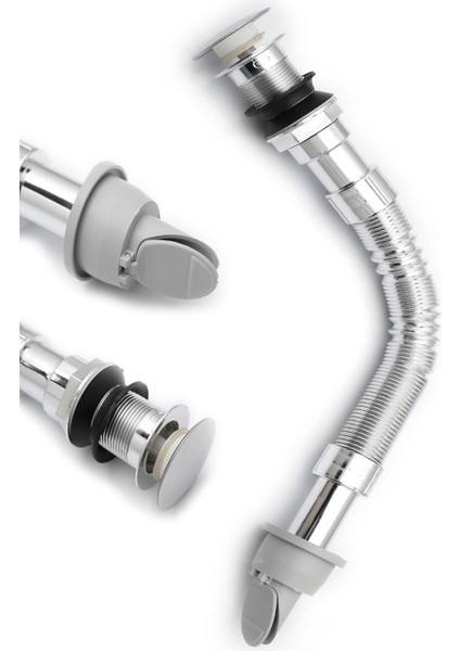 Krom Bas Çek Lavabo Sifonu ve Koku Giderici Kapaklı Adaptör Seti Lavabo Sifonu