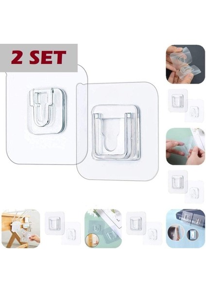 2 Li Set Çift Taraflı Yapışkanlı Geçmeli Klips Eşya Sabitleme Askısı Şeffaf Duvar Kancası Şeffaf