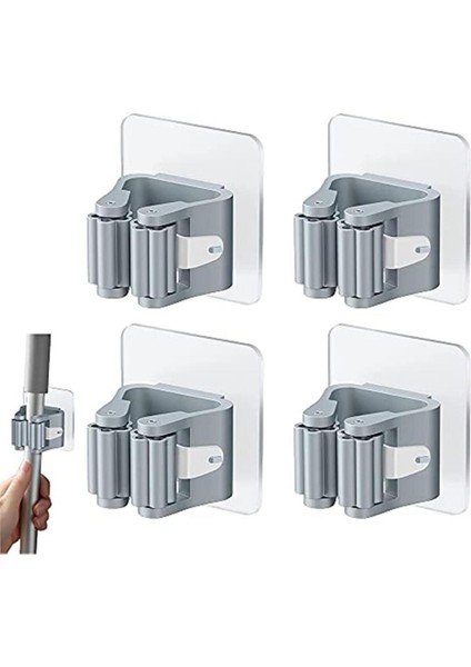 4 Adet Süpürge Mop Tutucu Duvar Kendinden Yapışkanlı Duvar Delme Gerektirmez (Gri) Gri Tr