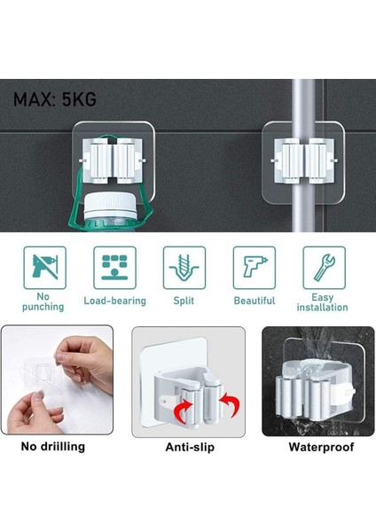 4 Adet Süpürge Mop Tutucu Duvar Kendinden Yapışkanlı Duvar Delme Gerektirmez (Gri) Gri Tr indirimleri