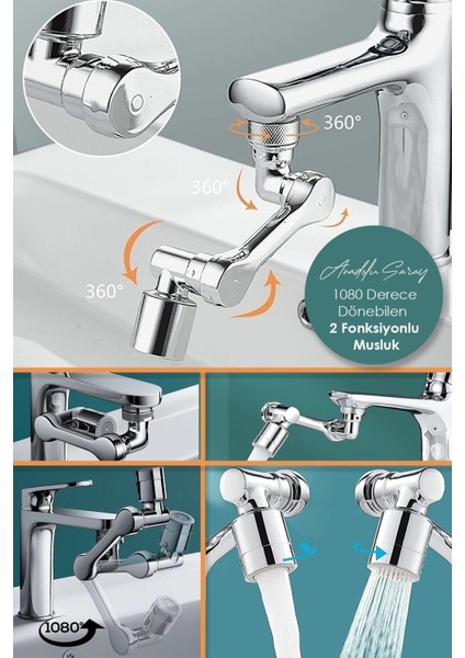 Pratik Krom 1080 Derece Dönebilen 2 Fonksiyonlu Evrensel Perlatör Musluk Ucu Filtre Musluk Başlığı 2
