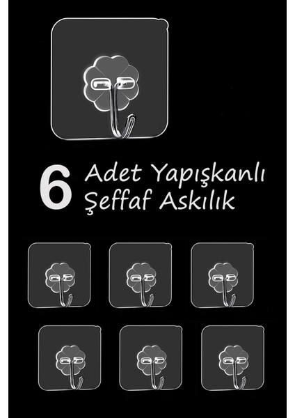 6 Parça Ekstra Güçlü Yapışkanlı, Duvar Delmeden Suya Dayanıklı Şeffaf Askılık Şeffaf