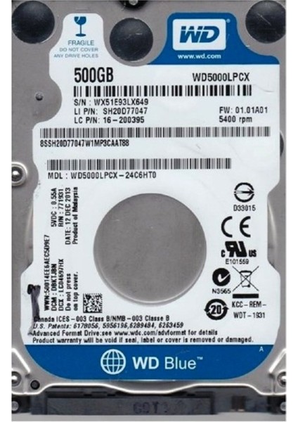 Western Digital Blue Sata 3.0 7200 Rpm 3.5" 500 GB Harddisk Refrubıshed