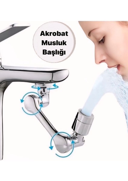 1080° Dönüşlü Her Köşeye Ulaşan Akrobat Mutfak ve Lavabo Bataryası /musluk Ucu Başlığı Gümüş Gri Pla
