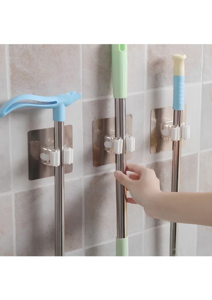 3 Adet Mutfak Banyo Askı Yapışkanlı Duvara Monte Fırça Süpürge Mop ve Paspas Tutucu Gold Gri Cn