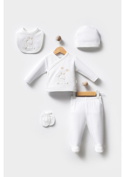 %100 Pamuk Sevimli Tavşan Desenli 5 Parça Yenidoğan Hastane Çıkışı Zıbın Seti BBTF.EKR.20129