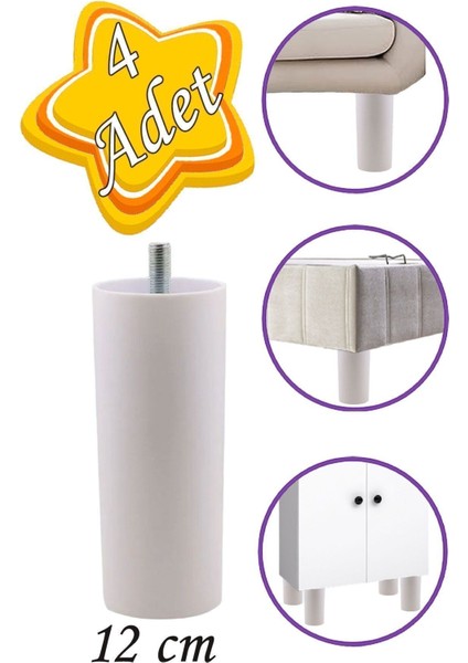 4 Adet Silindir Destek Ayağı 12 cm Beyaz Sert Plastik Gizli M8 Civatalı Incediş Mobilya Baza Koltuk