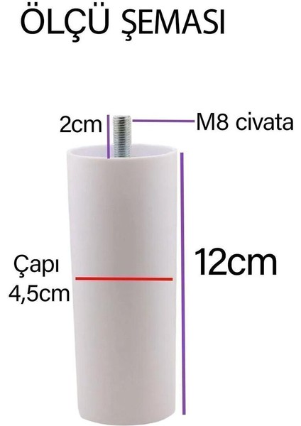 4 Adet Silindir Destek Ayağı 12 cm Beyaz Sert Plastik Gizli M8 Civatalı Incediş Mobilya Baza Koltuk fırsatları