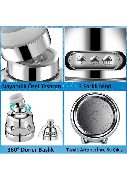 3 Fonksiyonlu Su Tasarruflu Musluk Ucu 1 Adet Mutfak Çeşme Ucu Döndürülebilir Hareketli Başlık 2 Yıl