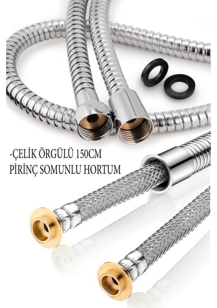 Çelik Örgülü Pirinç Somunlu Patlamaz Paslanmaz Yıpranmaz 150 cm Banyo Duş Hortumu Duş Hortumu Beyaz
