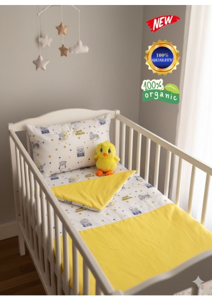 4 Parça 100% Organik Pamuk Bebek Yorgan Nevresim Takımı Bebek Seti (Unisex) 3 Farklı Renk