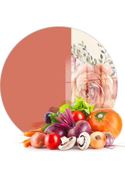 Cam Kesme Tahtası ve Sunumluk Yuvarlak Vintage Turuncu Gül 30X30 cm