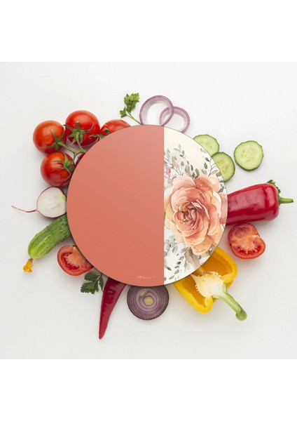 Cam Kesme Tahtası ve Sunumluk Yuvarlak Vintage Turuncu Gül 30X30 cm modelleri