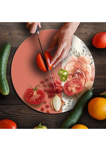 Cam Kesme Tahtası ve Sunumluk Yuvarlak Vintage Turuncu Gül 30X30 cm fırsatları