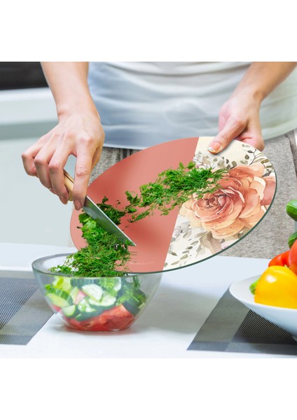 Cam Kesme Tahtası ve Sunumluk Yuvarlak Vintage Turuncu Gül 30X30 cm indirimleri