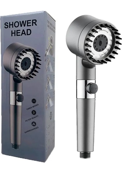 3 Fonksiyonlu Start Stop Tuşlu Filtreli Basınçlı Masaj Etkili Duş Başlığı Duş Başlığı Gri Krom Kapla