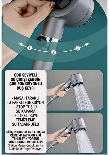 3 Fonksiyonlu Start Stop Tuşlu Filtreli Basınçlı Masaj Etkili Duş Başlığı Duş Başlığı Gri Krom Kapla modelleri