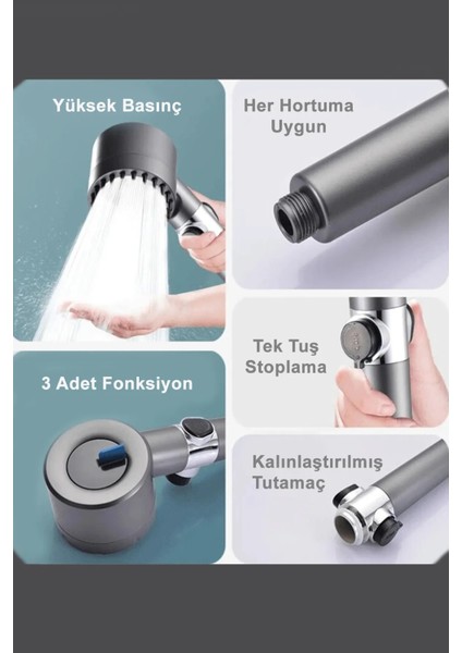 3 Fonksiyonlu Start Stop Tuşlu Filtreli Basınçlı Masaj Etkili Duş Başlığı Duş Başlığı Gri Krom Kapla fırsatları